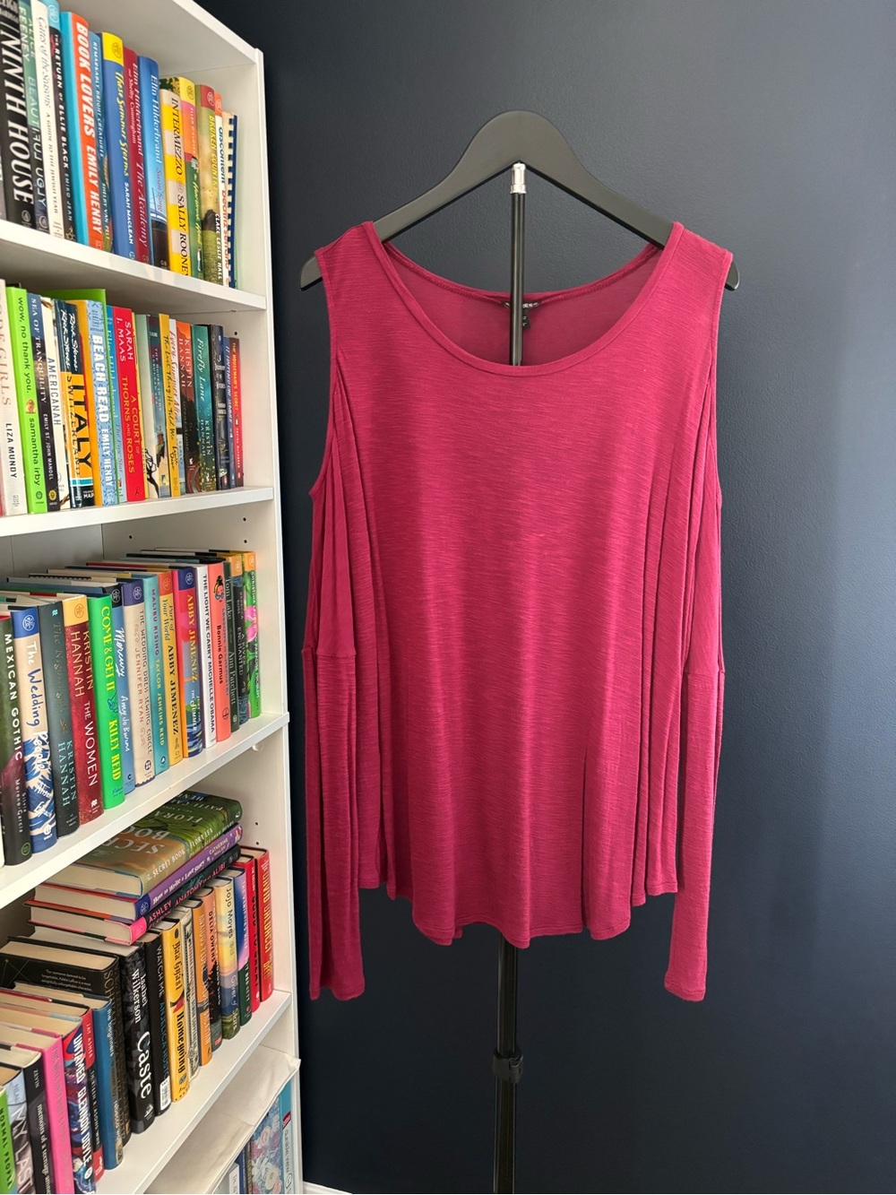 Express Raspberry Pink Cold-Shoulder Long Sleeve Top
